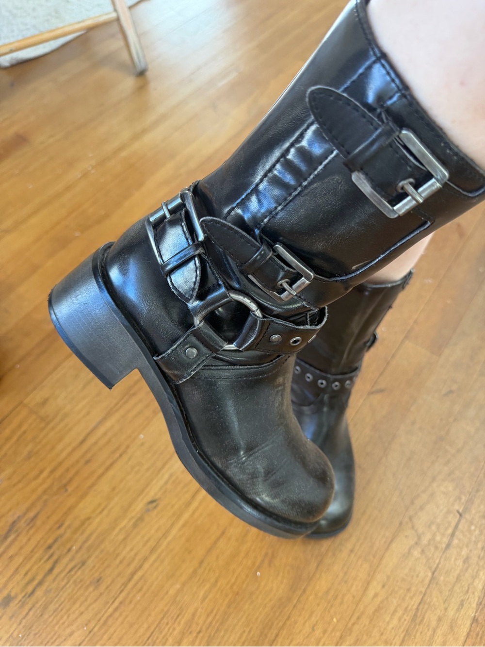 Black Buckle Moto Mid-Calf Boots - Women